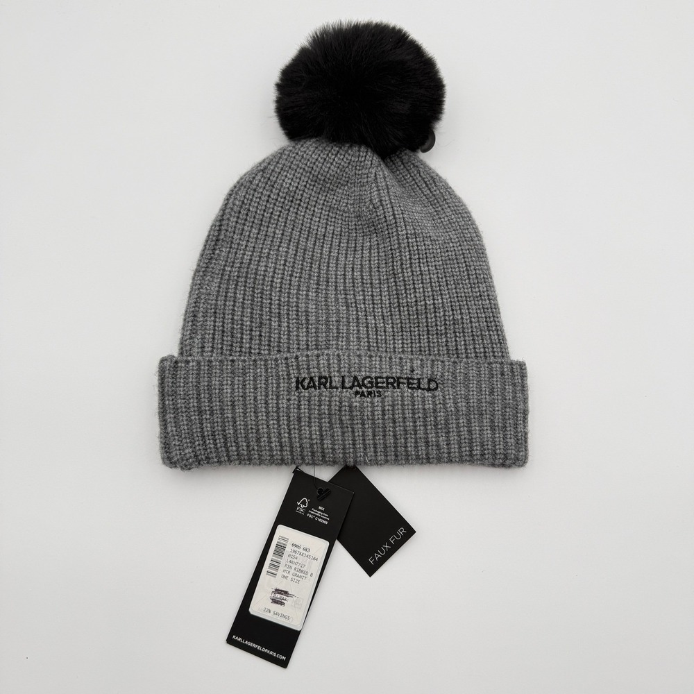 Karl Lagerfeld Paris Women Pom Pom Beanie One Size Gray Ribbed Fleece Lined NWT